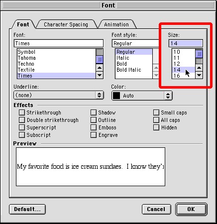 Font menu